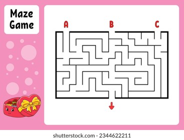 Rectangle maze. Game for kids. Three entrances, one exit. Education worksheet. Puzzle for children. Labyrinth conundrum. Find the right path. cartoon character. Vector illustration.