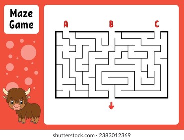Rectangle maze. Game for kids. Three entrances, one exit. Education worksheet. Puzzle for children. Labyrinth conundrum. Find the right path. cartoon character. Vector illustration.