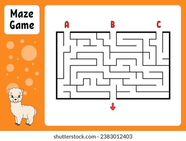 Rectangle Labyrinth. Spiel für Kinder. Drei Eingänge, ein Ausgang. Unterrichtsblatt. Puzzle für Kinder. Labyrinth-Rätsel. Finden Sie den richtigen Weg. Zeichentrickfigur. Vektorgrafik.