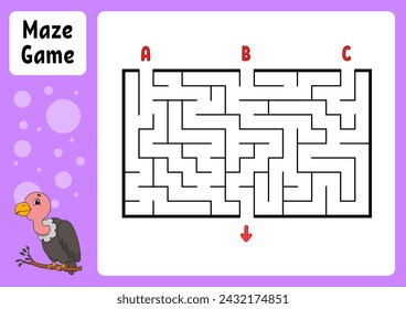 Rectangle maze. Game for kids. Three entrances, one exit. Education worksheet. Puzzle for children. Labyrinth conundrum. Find the right path. cartoon character. Vector illustration.