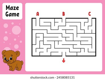 Rectangle maze. Game for kids. Three entrances, one exit. Education worksheet. Puzzle for children. Labyrinth conundrum. Find the right path. cartoon character. Vector illustration.