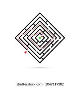 Rectangle maze with way to center. Logic game. Business confusion and solution concept. Flat design. Vector illustration isolated on white background