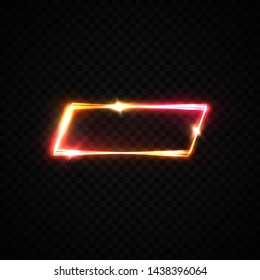 Rectangle neon frame on dark transparent background. Electric glowing border for design projects, ad, banner, flyer, marquee signs, posters in 1980 style. Red pink color bright vector illustration.