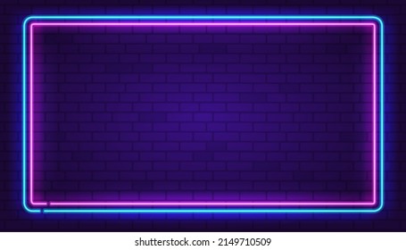 Rectángulo neón marco Color rosa y azul en el fondo de pared de ladrillo morado. Marco de neón brillante en el estilo retro de los años 80 - 90. Signo de neón de color con espacio vacío. Vector editable