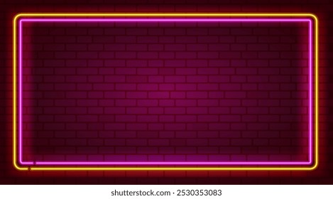 Rectangle neon frame Yellow and Pink colors at brick wall background. Glowing neon frame in retro 80s - 90s style. Colored neon sign with empty space. Editable Vector