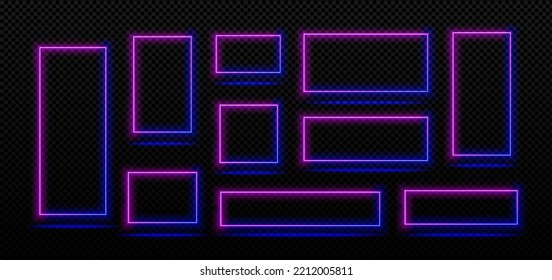 Rectangle neon light frames, empty blue and pink banners isolated on transparent background. Collage of night club or casino electric signboards with glowing borders, vector realistic set