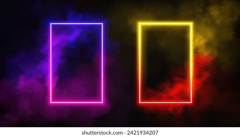 Rectangle neon luminous gradient frame with smoke clouds. realistic vector set of magic fantasy glowing game portal door with bright light border and colorful steam. Casino or night club decoration.