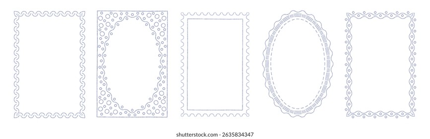 Rectangle and oval frames with border ornament of post stamp edges, wavy lines and circles. Blue crayon frames in Italian coastal style, vector illustration