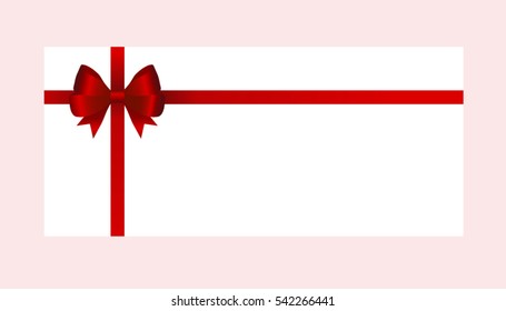Rectangle paper card with red ribbon and tied bow.