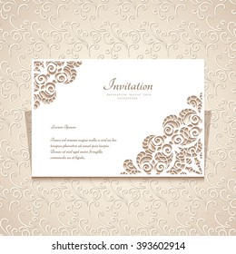 Rectangle paper frame with cutout lace corner ornament, greeting card or wedding invitation template, vector illustration, eps10
