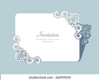 Rectangle Paper Frame With Lace Corners, Lacy Doily, Greeting Card Or Wedding Invitation Template, Vector Illustration