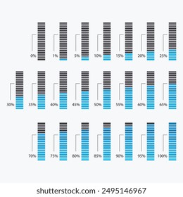 Rectangle percentage down up chart 0 to 100 percent. Loading bar infographics icon set 0-100% download process, load icon, download time, loading bar.