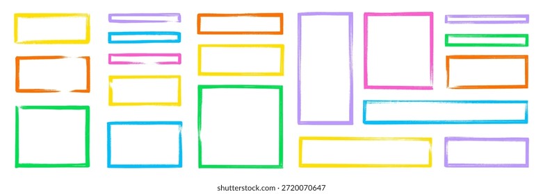 Marco de fotos rectangular con pinceladas de color y bordes ásperos. Rectángulo de la foto del color, borde de la caja. Conjunto de forma de sello de textura de trazo de pincel dibujado a mano con efecto de borde áspero. Ilustración vectorial