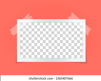 Rectangle photo frame template on sticky tape with shadows isolated. Living coral - color of 2019 year. Memories concept in modern style. Vector illustration