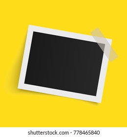 Rectangle photo frame template with shadows on sticky tape on yellow background. Vector illustration.