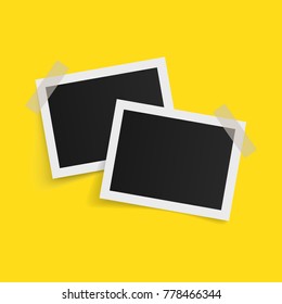 Rectangle photo frames on sticky tape on yellow background. Vector illustration.