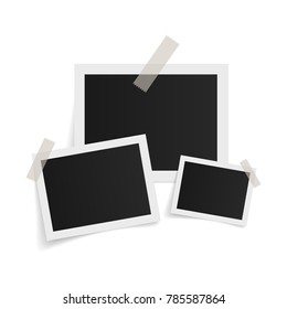 Rectangle photo frames on sticky tape on white background. Vector illustration.