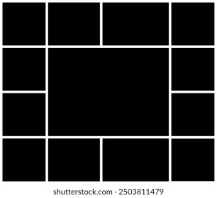 Rectangle Picture gallery collage lay out vector. Template of family photo wall moodboard grid, black and white square shape.