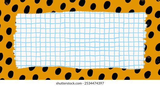 Rectangle piece of graph paper with torn edges on a yellow spotted background. Vector illustration of rough ripped rectangle note on a yellow dot pattern. Ideal for collages and stickers