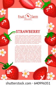 Rectangle pink frame and cartoon red strawberry fruit leaves and flower. Vector card illustration. Ripe flowering, blossom strawberries for design of food packaging juice breakfast detox diet menu