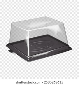 Rectangle plastic cake carrier box with clear dome lid. Realistic 3d vector mock-up. Empty food container with transparent lid for pie, cupcake, other dessert. Mockup. Bakery box. Template for design