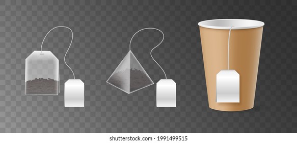 Rectangle And Pyramid Tea Bag And Disposable Paper Cup Mock Up With Black Tea Inside. Realistic Of Teabags With Empty White Label. Vector Illustration