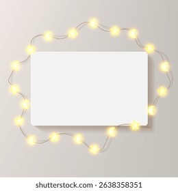 Rectangle Ramadan frame on light beige bg. Illuminated by glowing led stars, light bulb warm garland. Horizontal landscape festive greeting card container mockup. Luxury empty Eid Mubarak gallery wall