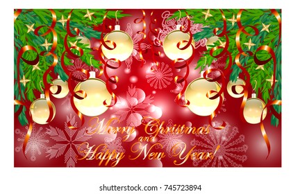 Rectangle red Christmas background with snowflakes, coniferous branches in the corners, decorated with golden balls, stars, ribbons. The inscription of Merry Christmas and a Happy New Year