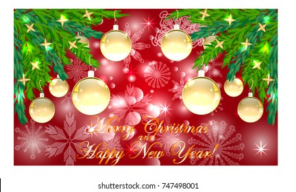 Rectangle red Christmas background with snowflakes, coniferous branches in the corners, decorated with golden balls, stars. The inscription of Merry Christmas and a Happy New Year