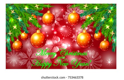 Rectangle red Christmas background with snowflakes, coniferous branches, decorated with red balls, stars. The inscription Merry Christmas and a Happy New Year