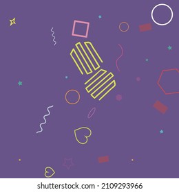 Rectangle Ring Wave Yellow Purple Zigzag Green Illustration. Pastel Oval Hearts Colorful Square Circle Lime Hipster Background. Violet Polygonal Orange Multicolor Simple Stars Geometrical Design.