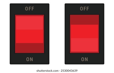 Rectangle rocker switch with red button and ON OFF labels. Vector image for electric illustrations or control schemas