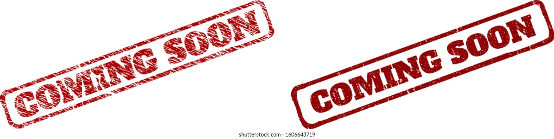 Rectangle rough COMING SOON watermarks. Red textured watermarks with COMING SOON caption inside rounded rectangle rough frame. Flat vector watermarks with distress textures.