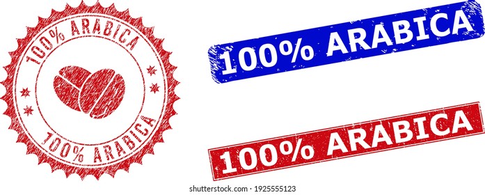 Rechteck und rund 100 Prozent ARABICA-Dichtstempel mit Icon innen. Blauer und roter Grunge-Dichtstempel mit 100 % ARABICA-Text in Rechteck-Formen. Rosette Wasserzeichen enthält das Symbol innen.