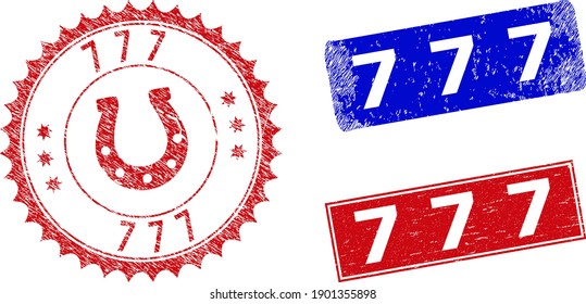 Rechteck und rund 777 Wasserzeichen mit Icon innen. Blau und rot gekratzte Wasserzeichen mit 777 Bildunterschrift in Rechteckformen. Rosette Stempel enthält das Symbol innen.