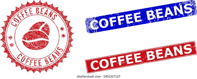 Rectangle and round COFFEE BEANS watermarks with icon inside. Blue and red textured watermarks with COFFEE BEANS text inside rectangle shapes. Rosette seal stamp contains icon inside.