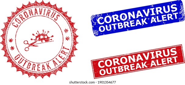 Sellos de sello Rectángulo y redondo CORONAVIRUS OUTBREAK ALERT con icono en el interior. Sellos de socorro azul y rojo con la frase ALERT CORONAVIRUS OUTBREAK dentro de formas rectangulares.