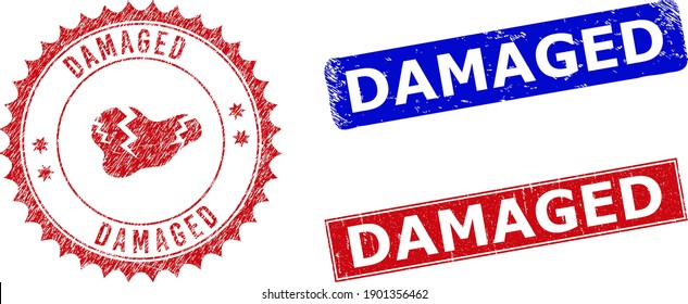 Rectangle and round DAMAGED seal stamps with icon inside. Blue and red textured stamps with DAMAGED caption inside rectangle shapes. Rosette seal includes icon inside.