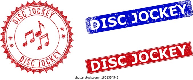 Rectangle and round DISC JOCKEY watermarks with icon inside. Blue and red textured seal stamps with DISC JOCKEY phrase inside rectangle shapes. Rosette seal stamp includes icon inside.