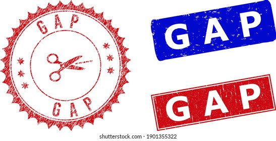 Rectangle and round GAP seal stamps with icon inside. Blue and red grunge seal stamps with GAP caption inside rectangle shapes. Rosette stamp contains icon inside.
