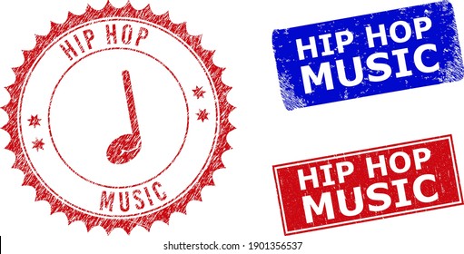 Rectangle and round HIP HOP MUSIC seal stamps with icon inside. Blue and red grunge watermarks with HIP HOP MUSIC caption inside rectangle shapes. Rosette stamp includes icon inside.