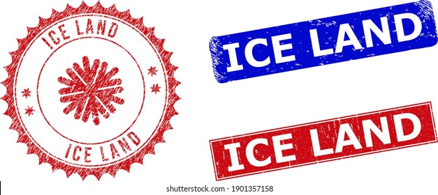 Rectangle and round ICE LAND seal stamps with icon inside. Blue and red textured seal stamps with ICE LAND phrase inside rectangle shapes. Rosette badge includes icon inside.