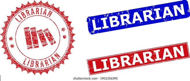 Sello de Rectángulo y redondo LIBRARIO con icono en el interior. Sellos de foca rayados azules y rojos con la frase LIBRARIAN dentro de formas rectangulares. La marca de agua Rosette incluye un icono dentro.