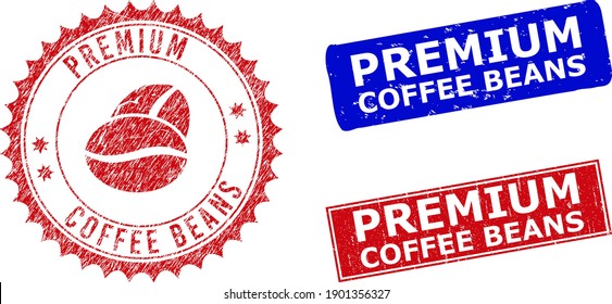 Rectangle and round PREMIUM COFFEE BEANS stamps with icon inside. Blue and red distress seal stamps with PREMIUM COFFEE BEANS phrase inside rectangle shapes. Rosette seal stamp includes icon inside.