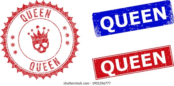Rectangle and round QUEEN seal stamps with icon inside. Blue and red textured seal stamps with QUEEN phrase inside rectangle shapes. Rosette seal stamp contains icon inside.