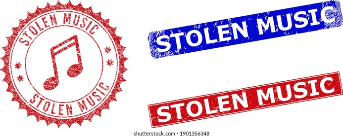 Rund um die Knöchel-MUSIK-Siegel mit Icon innen. Blauer und roter Grunge-Siegel mit STOLEN MUSIK-Phrase in Rechteck-Formen. Rosette-Button enthält das Symbol innen.