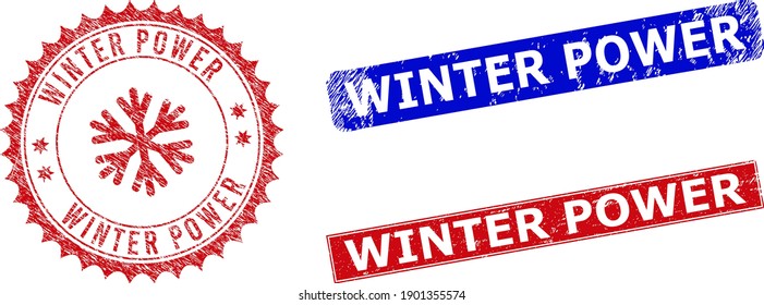 Rectangle and round WINTER POWER seal stamps with icon inside. Blue and red grunge seal stamps with WINTER POWER phrase inside rectangle shapes. Rosette seal includes icon inside.