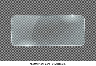 Rectangle rounded glass plate isolated on a transparent background. Vector glass with reflection and lights effects