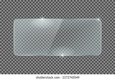 Rectangle rounded glass plate isolated on a transparent background. Vector glass with reflection and lights effects