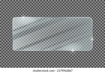 Rectangle rounded glass plate isolated on a transparent background. Vector glass with reflection and lights effects